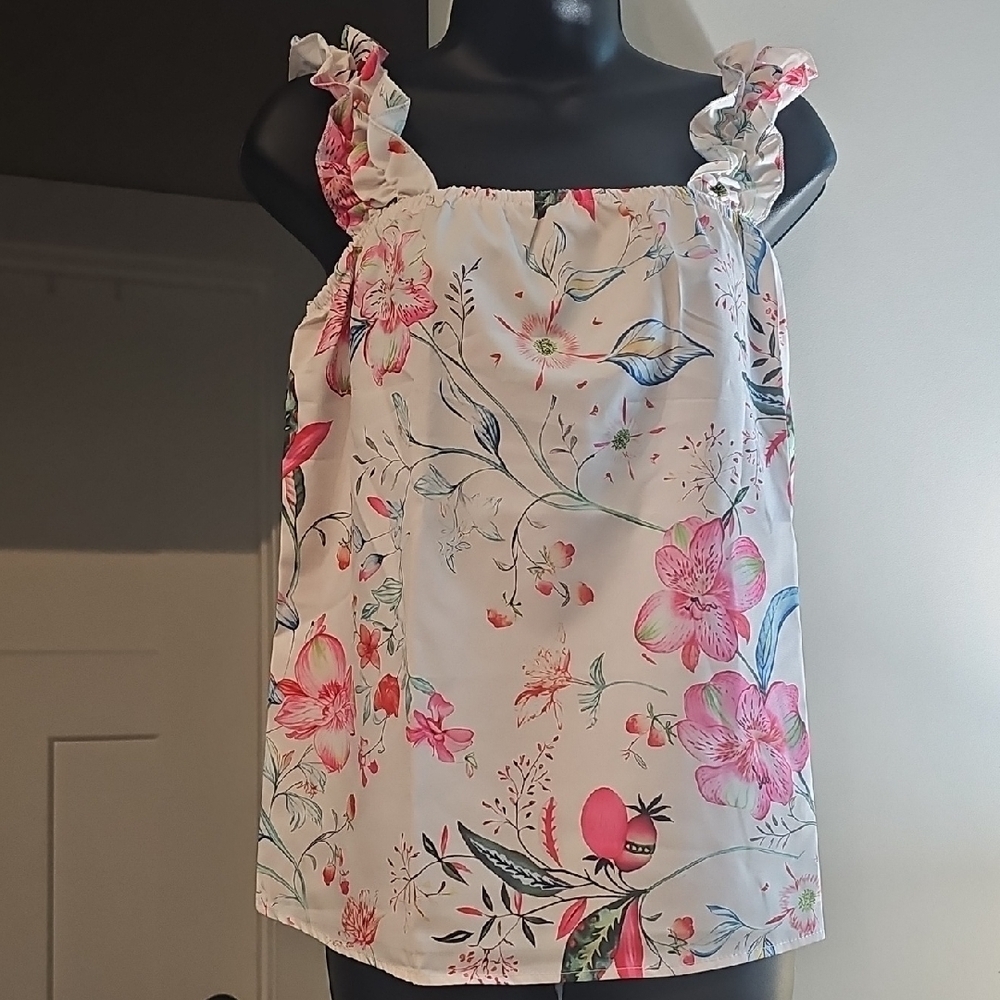 SHE + Sky Floral Ruffle Strap Top